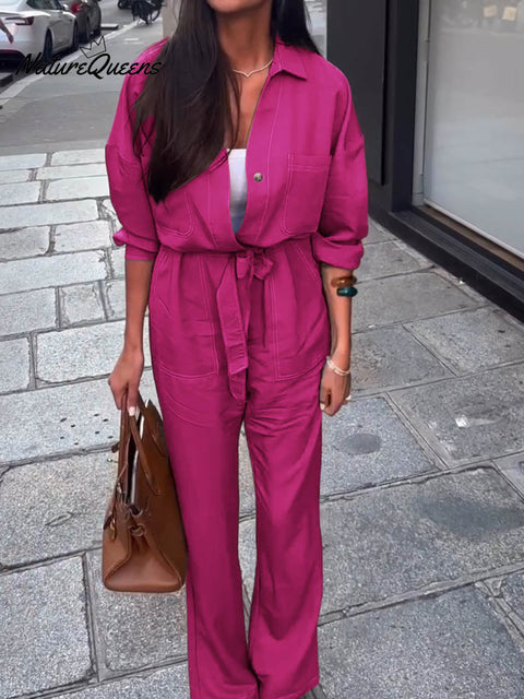 Women's Solid Color Lapel Long Sleeve Casual Loose Lace-up Cotton and Linen Wide-leg Jumpsuit
