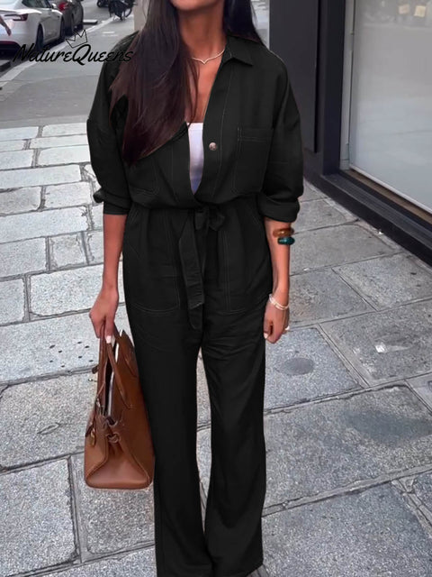 Women's Solid Color Lapel Long Sleeve Casual Loose Lace-up Cotton and Linen Wide-leg Jumpsuit