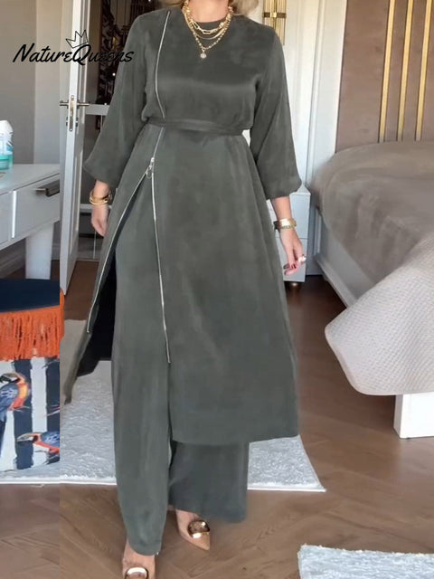 Women's Solid Color Round Neck Long Sleeve Casual Loose Lace-up Zipper Long Top Elastic Waist Wide-leg Pants Set