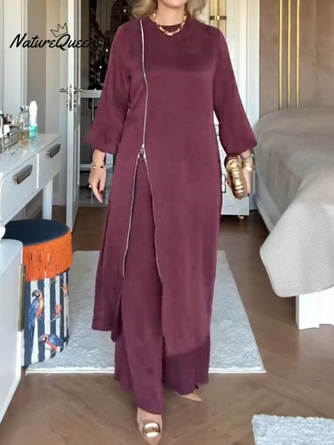 Women's Solid Color Round Neck Long Sleeve Casual Loose Lace-up Zipper Long Top Elastic Waist Wide-leg Pants Set