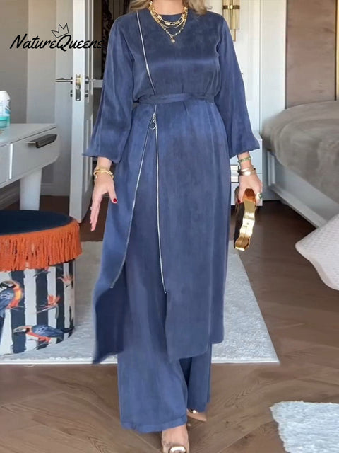 Women's Solid Color Round Neck Long Sleeve Casual Loose Lace-up Zipper Long Top Elastic Waist Wide-leg Pants Set