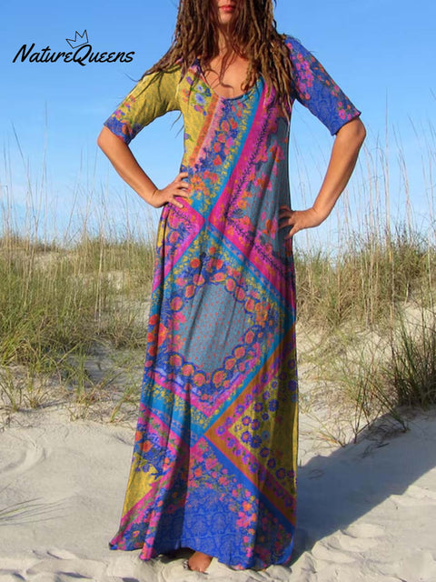 Women's Round Neck Geometric Floral Print Short Sleeve Dress