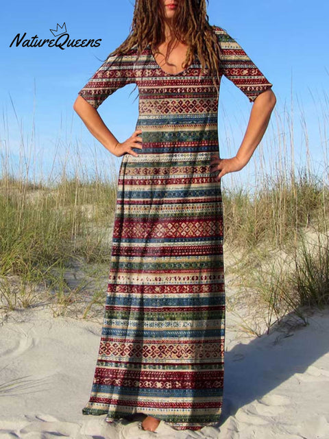 Women's Round Neck Retro Geometric Print Short Sleeve Dress