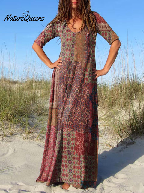 Women's Round Neck Retro Patchwork Print Short Sleeve Dress