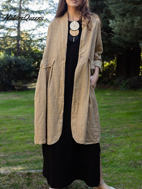 Women's Solid Color V-Neck Long Sleeve Cotton and Linen Cardigan