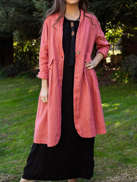 Women's Solid Color V-Neck Long Sleeve Cotton and Linen Cardigan