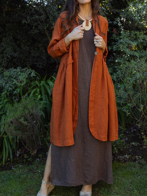 Women's Solid Color V-Neck Long Sleeve Cotton and Linen Cardigan