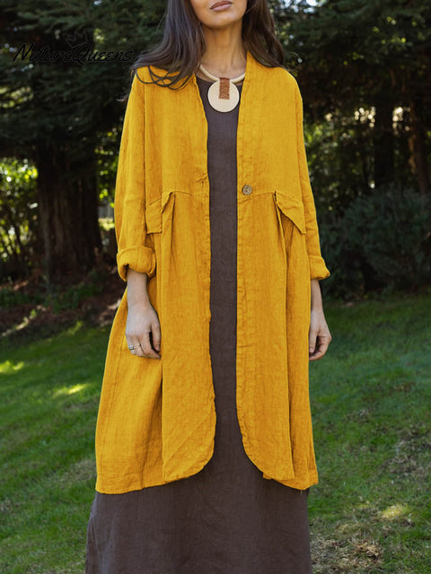 Women's Solid Color V-Neck Long Sleeve Cotton and Linen Cardigan