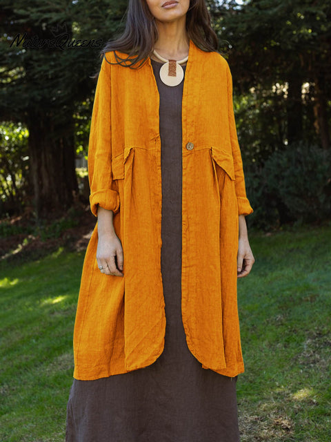 Women's Solid Color V-Neck Long Sleeve Cotton and Linen Cardigan