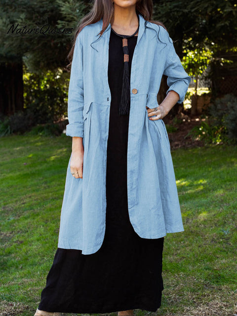 Women's Solid Color V-Neck Long Sleeve Cotton and Linen Cardigan