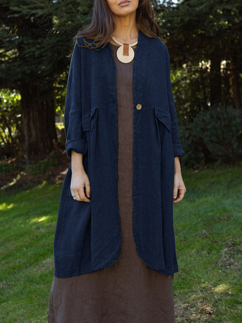 Women's Solid Color V-Neck Long Sleeve Cotton and Linen Cardigan