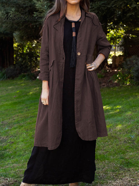 Women's Solid Color V-Neck Long Sleeve Cotton and Linen Cardigan