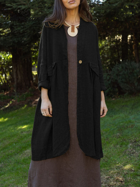 Women's Solid Color V-Neck Long Sleeve Cotton and Linen Cardigan