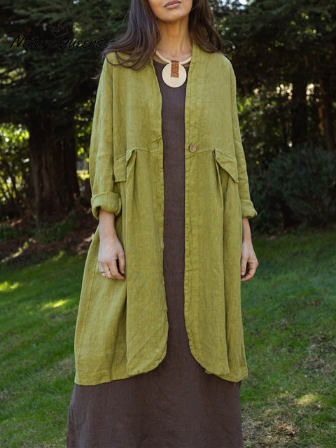 Women's Solid Color V-Neck Long Sleeve Cotton and Linen Cardigan