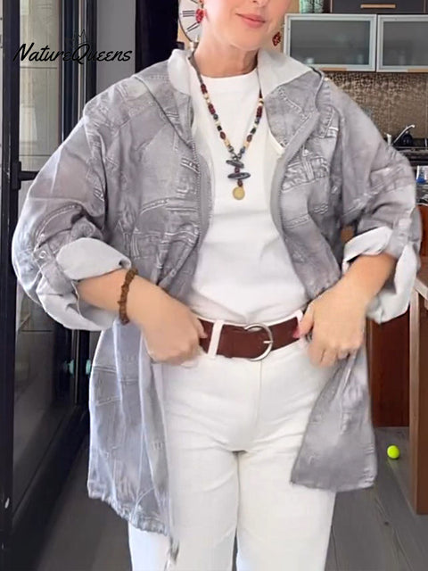 Women's Faux Denim Print Long Sleeve Hooded Cardigan Jacket