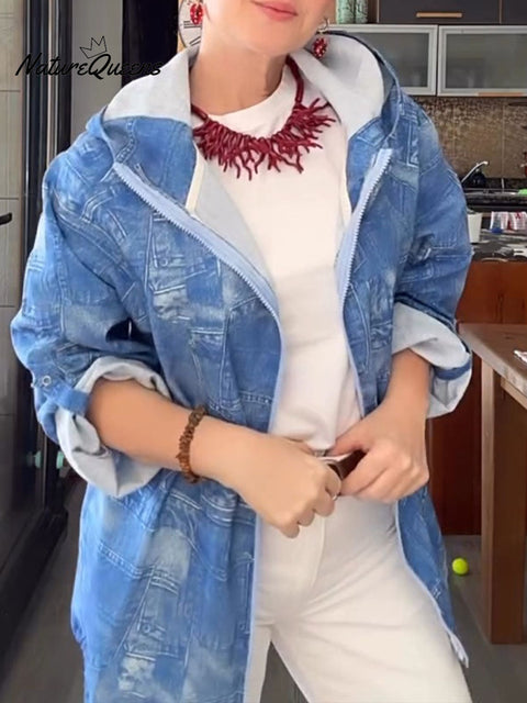 Women's Faux Denim Print Long Sleeve Hooded Cardigan Jacket
