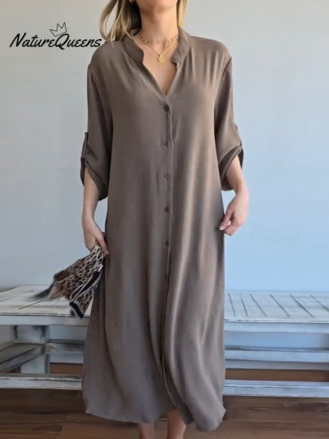Women's Solid Color V-Neck Long Sleeve Shirt Dress