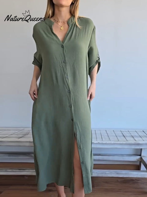 Women's Solid Color V-Neck Long Sleeve Shirt Dress