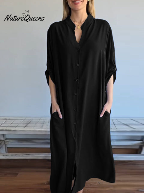 Women's Solid Color V-Neck Long Sleeve Shirt Dress