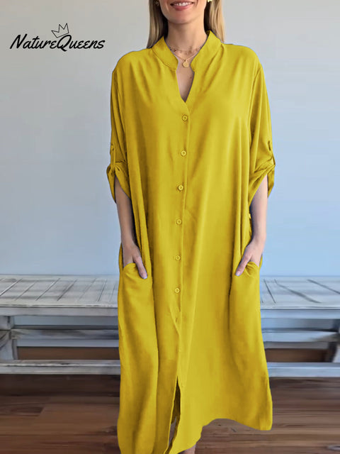 Women's Solid Color V-Neck Long Sleeve Shirt Dress