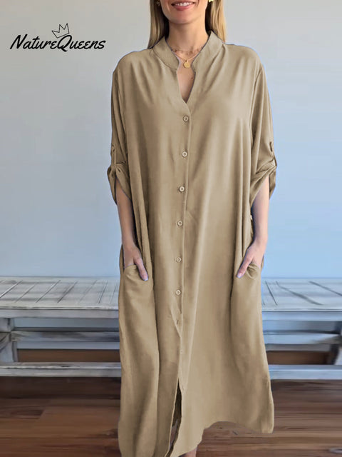 Women's Solid Color V-Neck Long Sleeve Shirt Dress