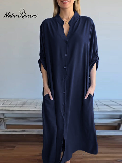 Women's Solid Color V-Neck Long Sleeve Shirt Dress