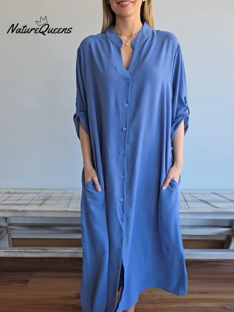 Women's Solid Color V-Neck Long Sleeve Shirt Dress