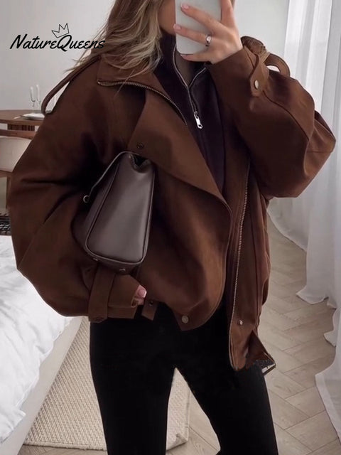 Women's Solid Color Lapel Long Sleeve Suede Jacket