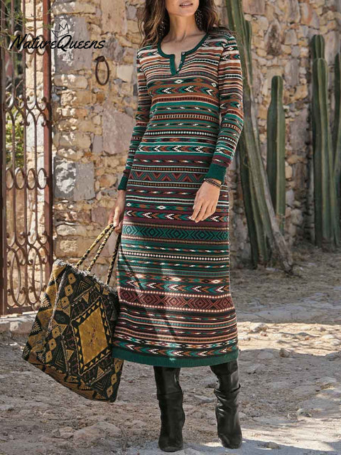 Women's Retro Geometric Print V-Neck Long Sleeve Knit Dress