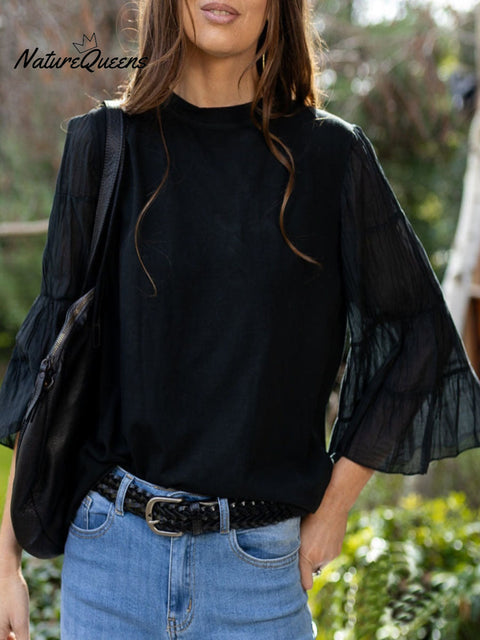 Women's Solid Color Round Neck 3/4 Sleeves Trumpet Sleeves Casual Loose Top