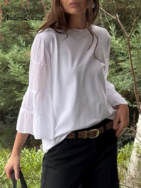 Women's Solid Color Round Neck 3/4 Sleeves Trumpet Sleeves Casual Loose Top