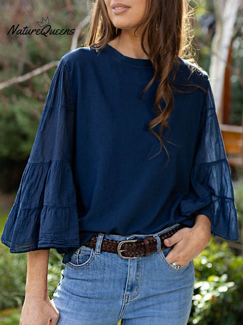 Women's Solid Color Round Neck 3/4 Sleeves Trumpet Sleeves Casual Loose Top
