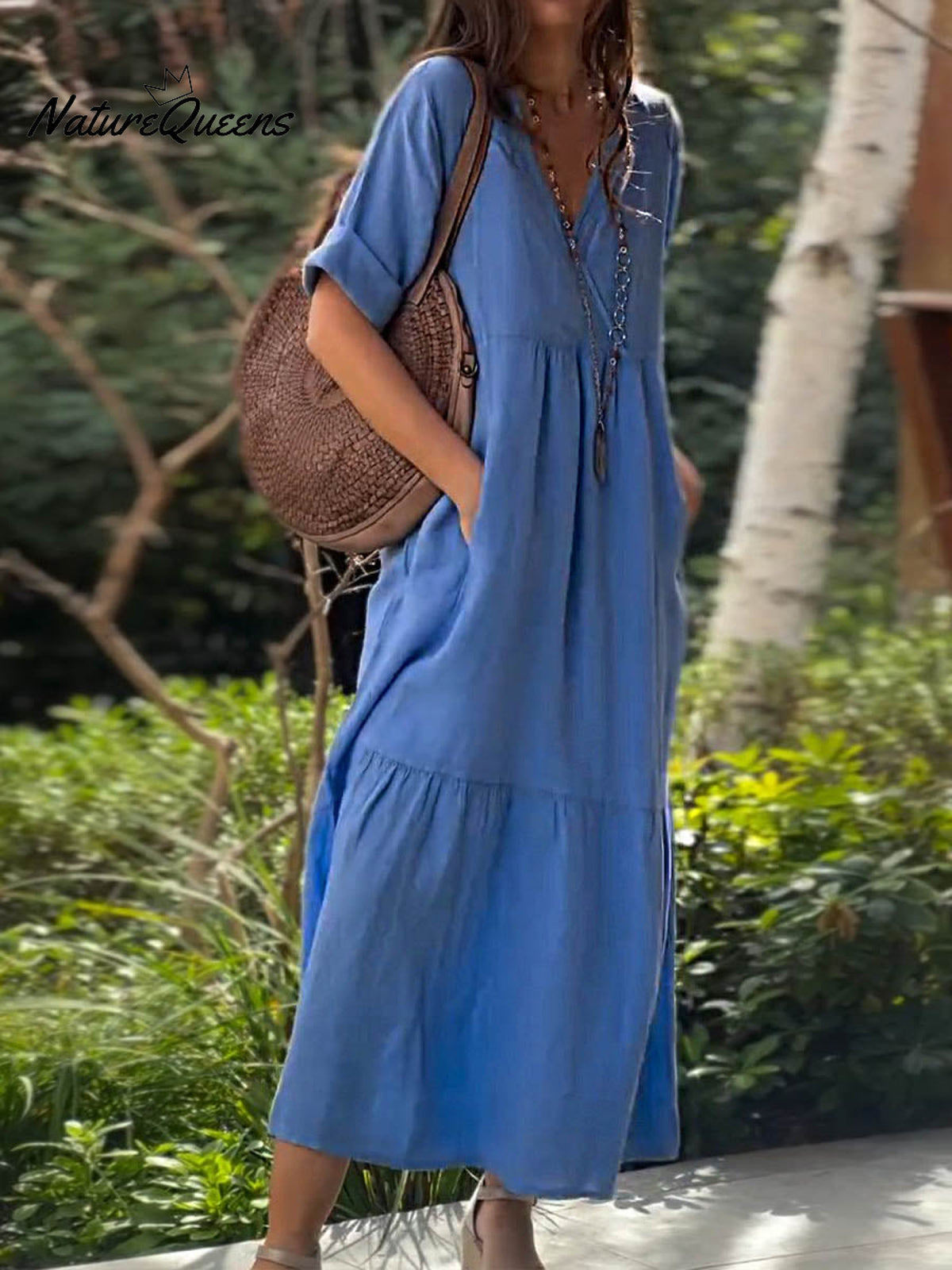 Women's Solid Color V-Neck 3/4 Sleeve Casual Loose Cotton and Linen Dress