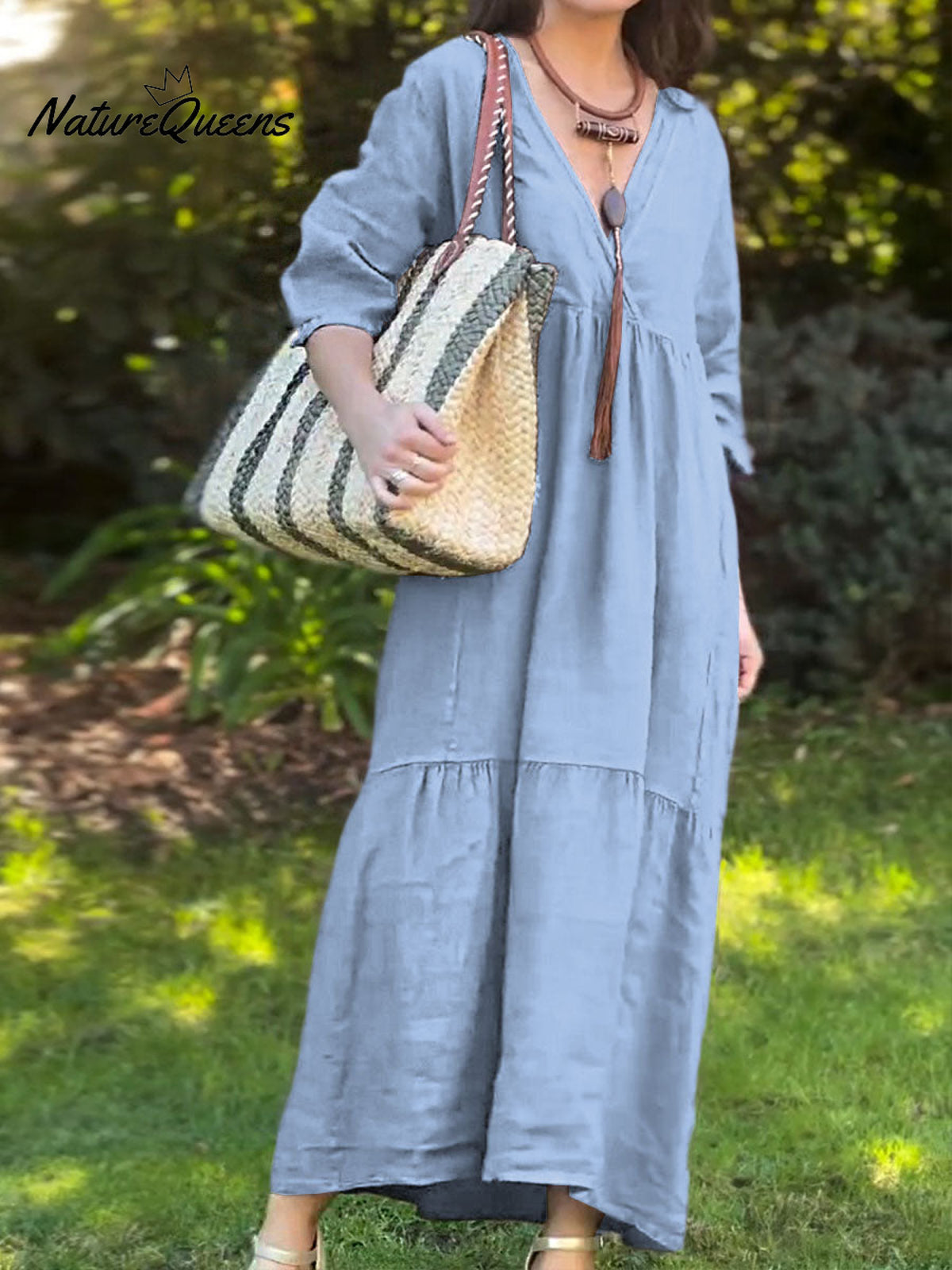 Women's Solid Color V-Neck 3/4 Sleeve Casual Loose Cotton and Linen Dress