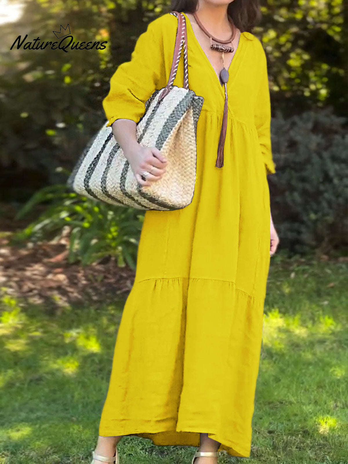 Women's Solid Color V-Neck 3/4 Sleeve Casual Loose Cotton and Linen Dress