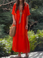 Women's Solid Color V-Neck 3/4 Sleeve Casual Loose Cotton and Linen Dress