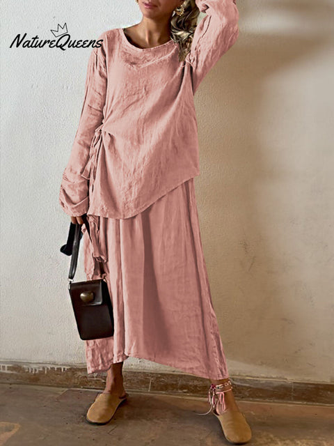 Women's Solid Color Round Neck Long Sleeve Casual Cotton and Linen Top Elastic Waist Skirt Set