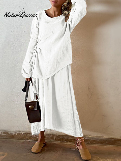 Women's Solid Color Round Neck Long Sleeve Casual Cotton and Linen Top Elastic Waist Skirt Set