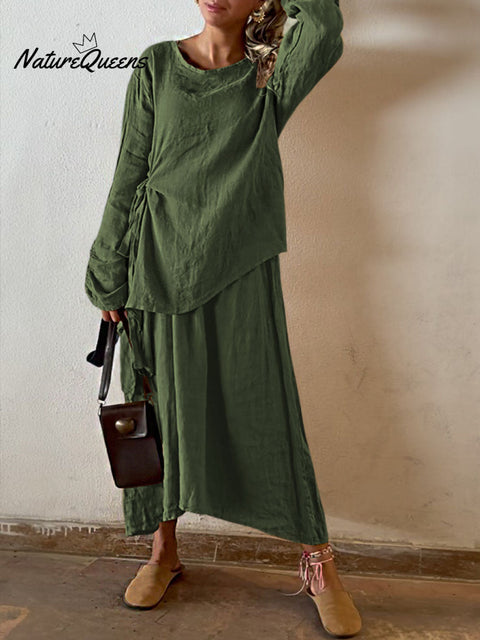 Women's Solid Color Round Neck Long Sleeve Casual Cotton and Linen Top Elastic Waist Skirt Set