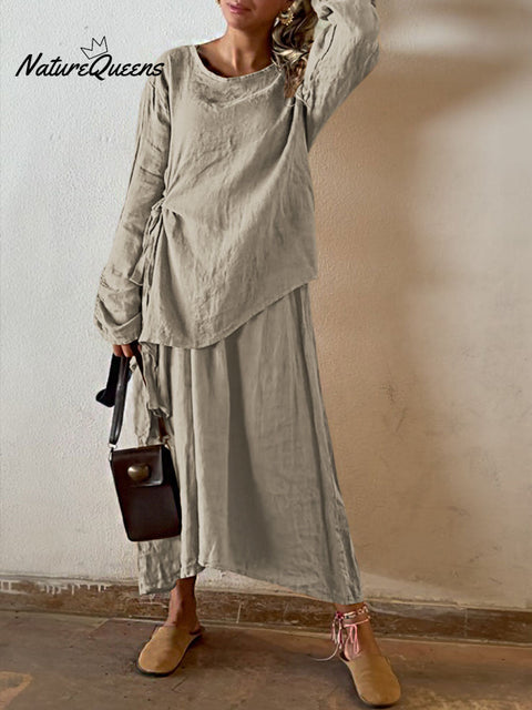 Women's Solid Color Round Neck Long Sleeve Casual Cotton and Linen Top Elastic Waist Skirt Set