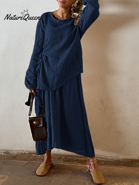 Women's Solid Color Round Neck Long Sleeve Casual Cotton and Linen Top Elastic Waist Skirt Set