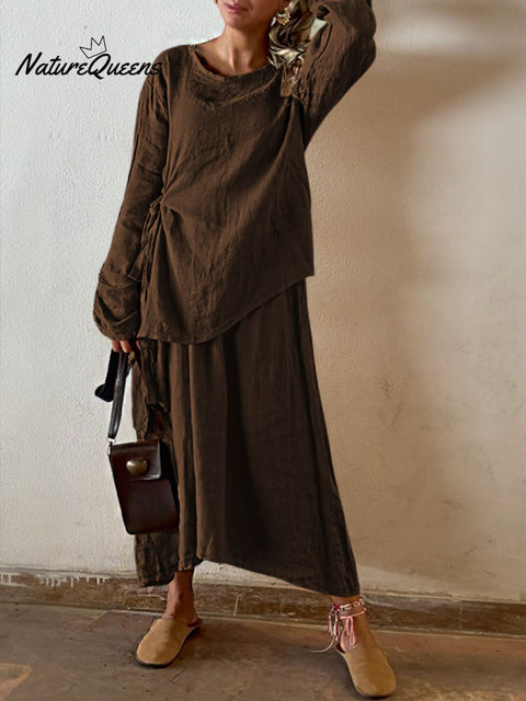 Women's Solid Color Round Neck Long Sleeve Casual Cotton and Linen Top Elastic Waist Skirt Set
