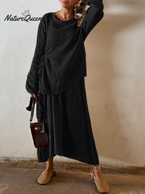 Women's Solid Color Round Neck Long Sleeve Casual Cotton and Linen Top Elastic Waist Skirt Set