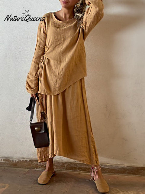 Women's Solid Color Round Neck Long Sleeve Casual Cotton and Linen Top Elastic Waist Skirt Set
