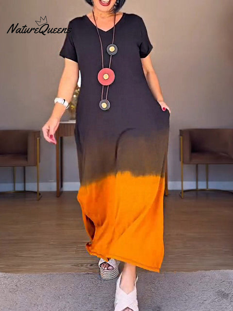 Women's Gradient Print V-Neck Short Sleeve Casual Cotton Dress