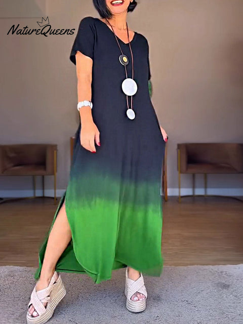 Women's Gradient Print V-Neck Short Sleeve Casual Cotton Dress