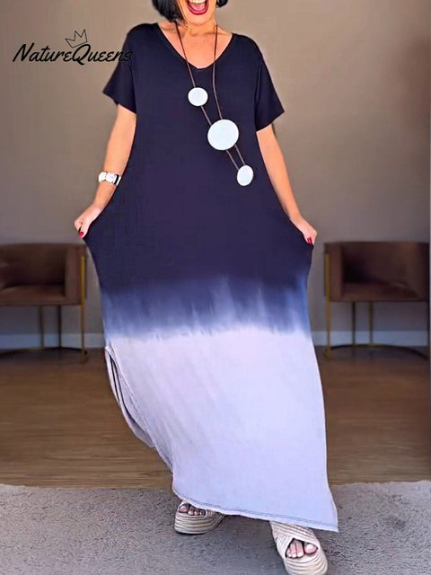 Women's Gradient Print V-Neck Short Sleeve Casual Cotton Dress
