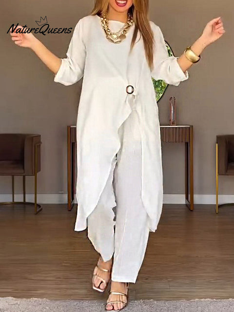 Women's Solid Color Round Neck 3/4 Sleeve Casual Cotton and Linen Top with Elastic Waist and Wide-Leg Pants Set
