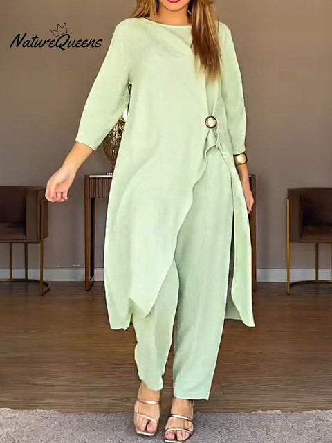 Women's Solid Color Round Neck 3/4 Sleeve Casual Cotton and Linen Top with Elastic Waist and Wide-Leg Pants Set
