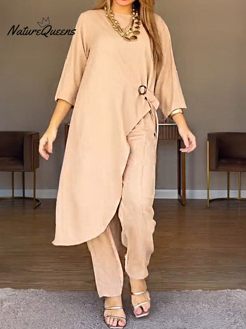 Women's Solid Color Round Neck 3/4 Sleeve Casual Cotton and Linen Top with Elastic Waist and Wide-Leg Pants Set